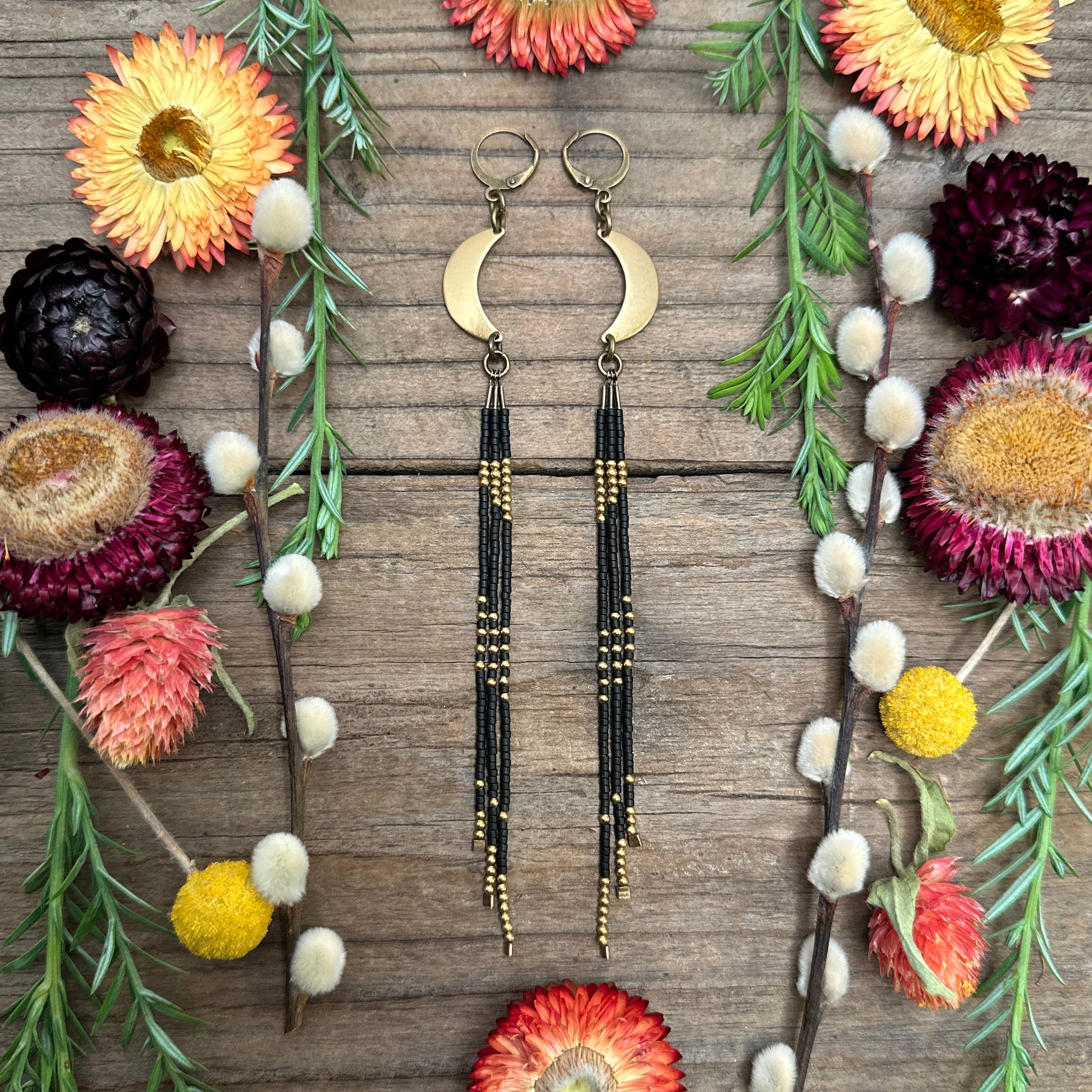 Neutral Cream, Matte hotsell Black and Matte Rust Bead Fringe Celestial Inspired Boho Earrings