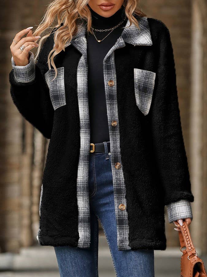 Rosa Clothing - Wholesale Fur/Faux Fur Coat - Women's - Single-Breasted Lapel Plaid Midi Plush Coat4