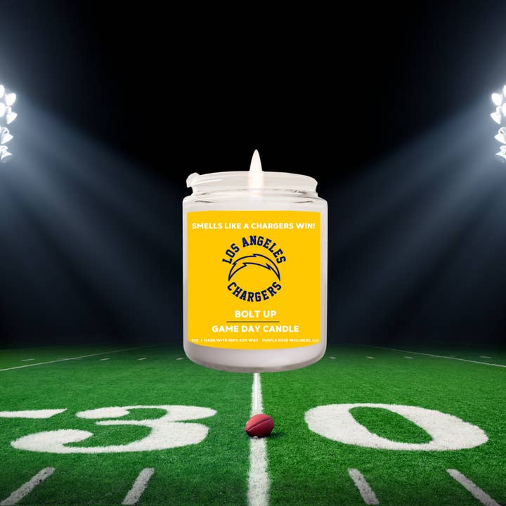 Los Angeles Chargers Football Candle for wholesale by Purple Rose Wellness, LLC