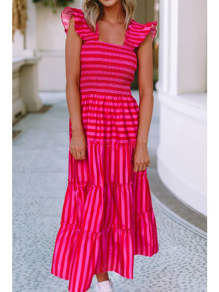 Rose LDC Stripe Wide Strap Smocked Bodice Tiered Maxi Dress for wholesale on Faire