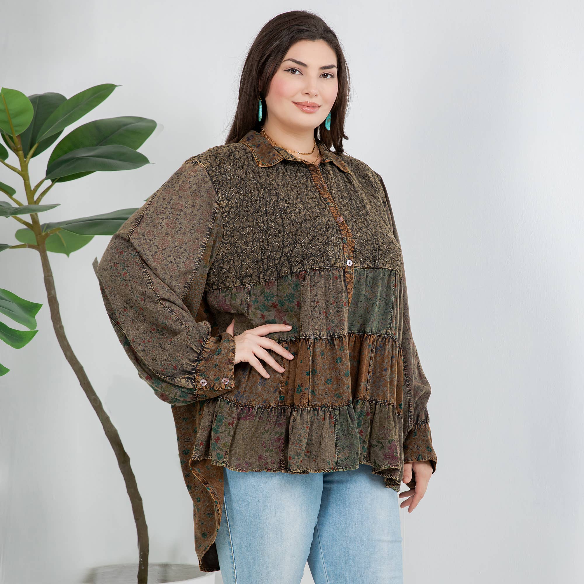 Amber Front-Open Boho Shirt with Quilted Emb & Rayon Tiers for wholesale on Faire11