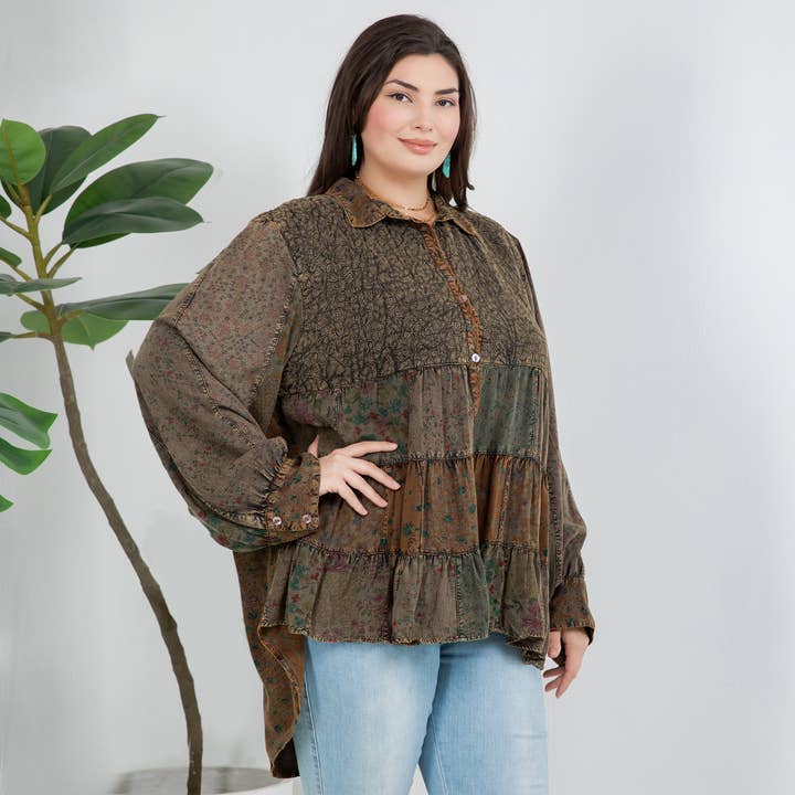 Amber Front-Open Boho Shirt with Quilted Emb & Rayon Tiers for wholesale on Faire11
