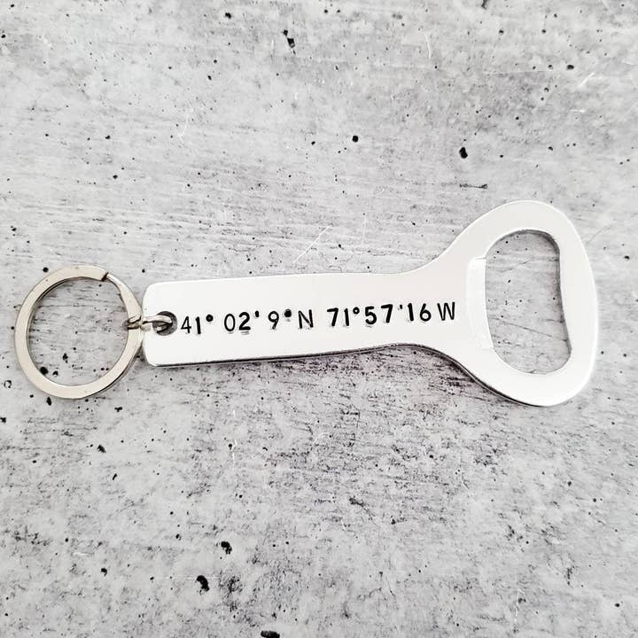 Custom Coordinates Beer Bottle Opener for wholesale by Salt and Sparkle