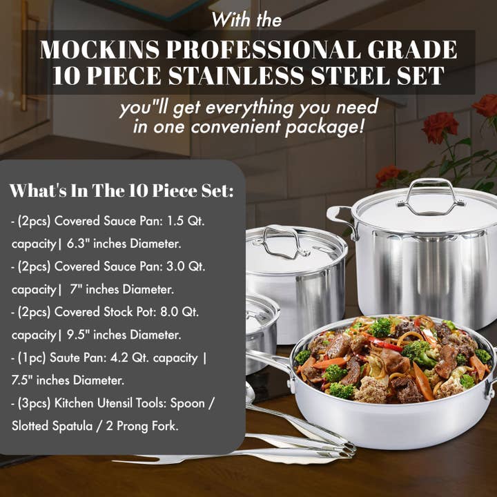 Nevlers - Wholesale Cookware Set - Stainless Steel Pots and Pans - 10pc Cookware Set & Utensils