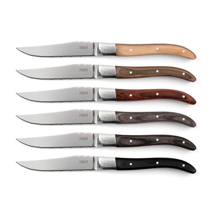 H&H - Wholesale Knife Set - Set of 6 Steak Knives Serrated Blade Natural Wood Handle1