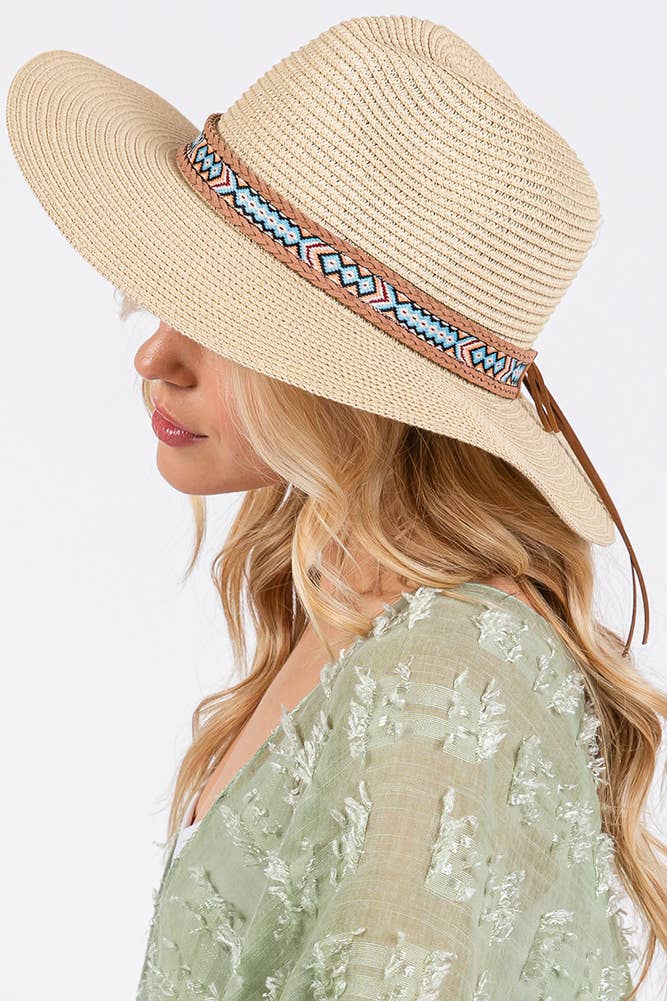 Hana – wholesale Stråhatt – Dam – Vävd Boho Aztekiskt Mönster Band Sommar Solhatt3