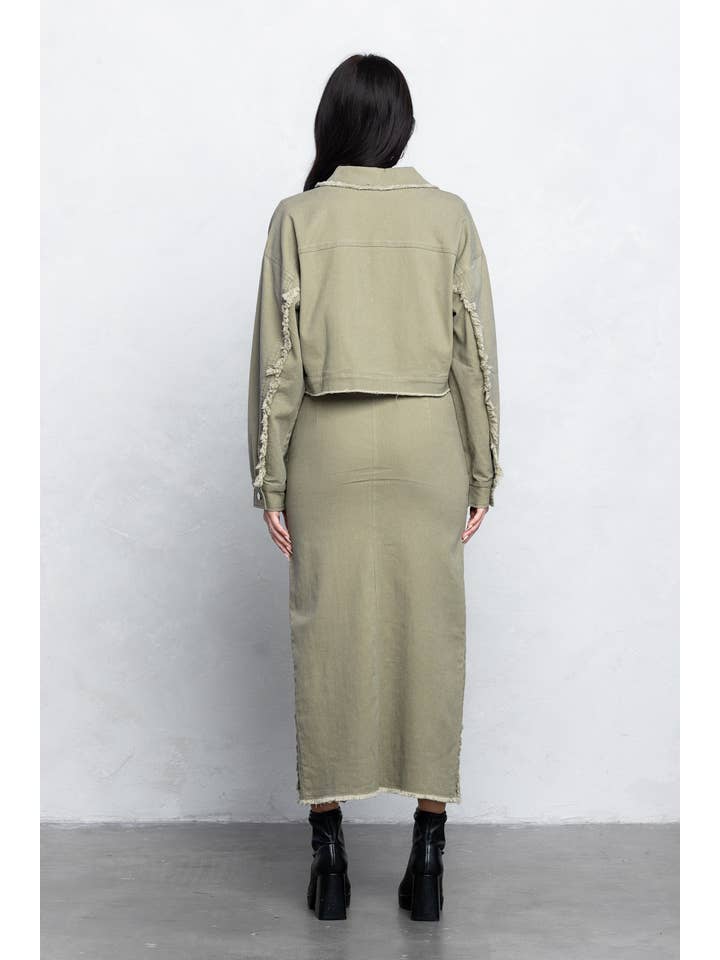 Olive Frayed midi skirt w/ center slit for wholesale on Faire3