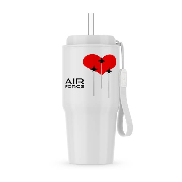 3dRose - Wholesale Insulated Mug/Tumbler - 3dRose, Red heart, three fighter planes, contrails. Text Air Force on white, Tumbler