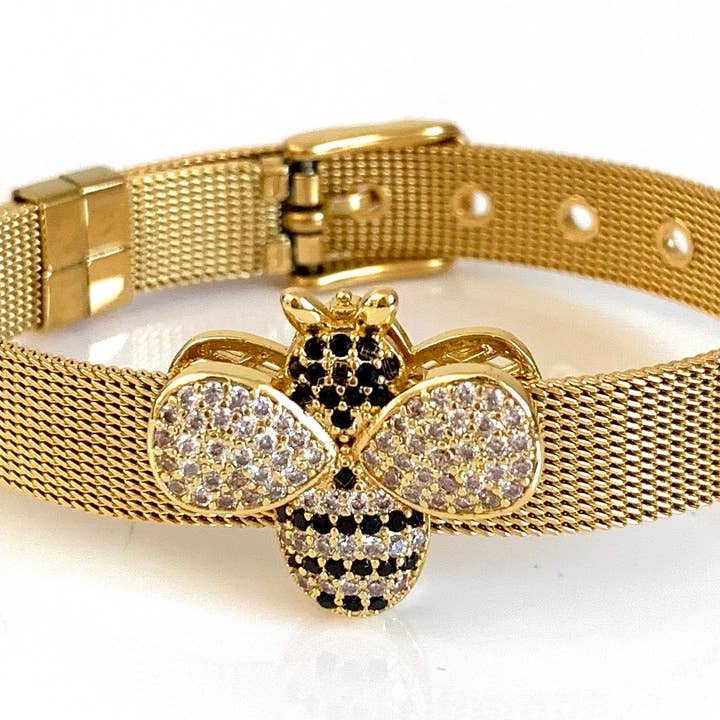 Gold Bee Slider Charm Adjustable Watch Band Bracelet for wholesale by Rebecca Cherry Jewelry Co.