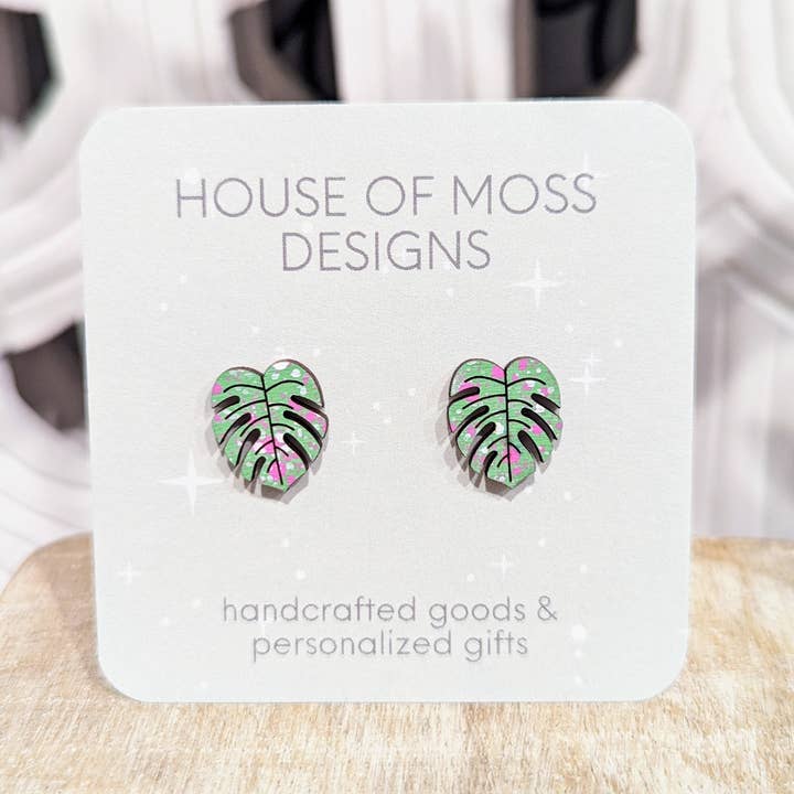 Mint and Pink Monstera Stud Earrings for wholesale by House of Moss Designs