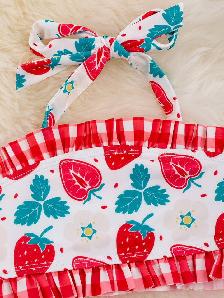 Kids Charm Online - Wholesale Two Piece Swimsuit - Kids - Strawberry printed swim set w/plaid ruffle. SWG25134001 🥽JEAN