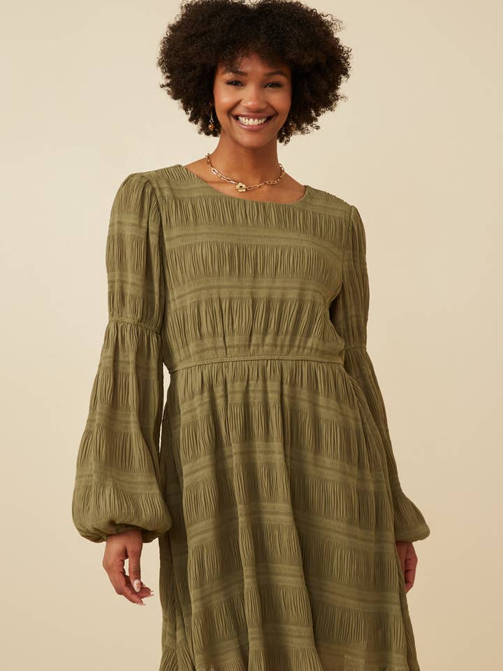 Olive Womens Mixed Pleated Peasant Sleeve Dress for wholesale on Faire0