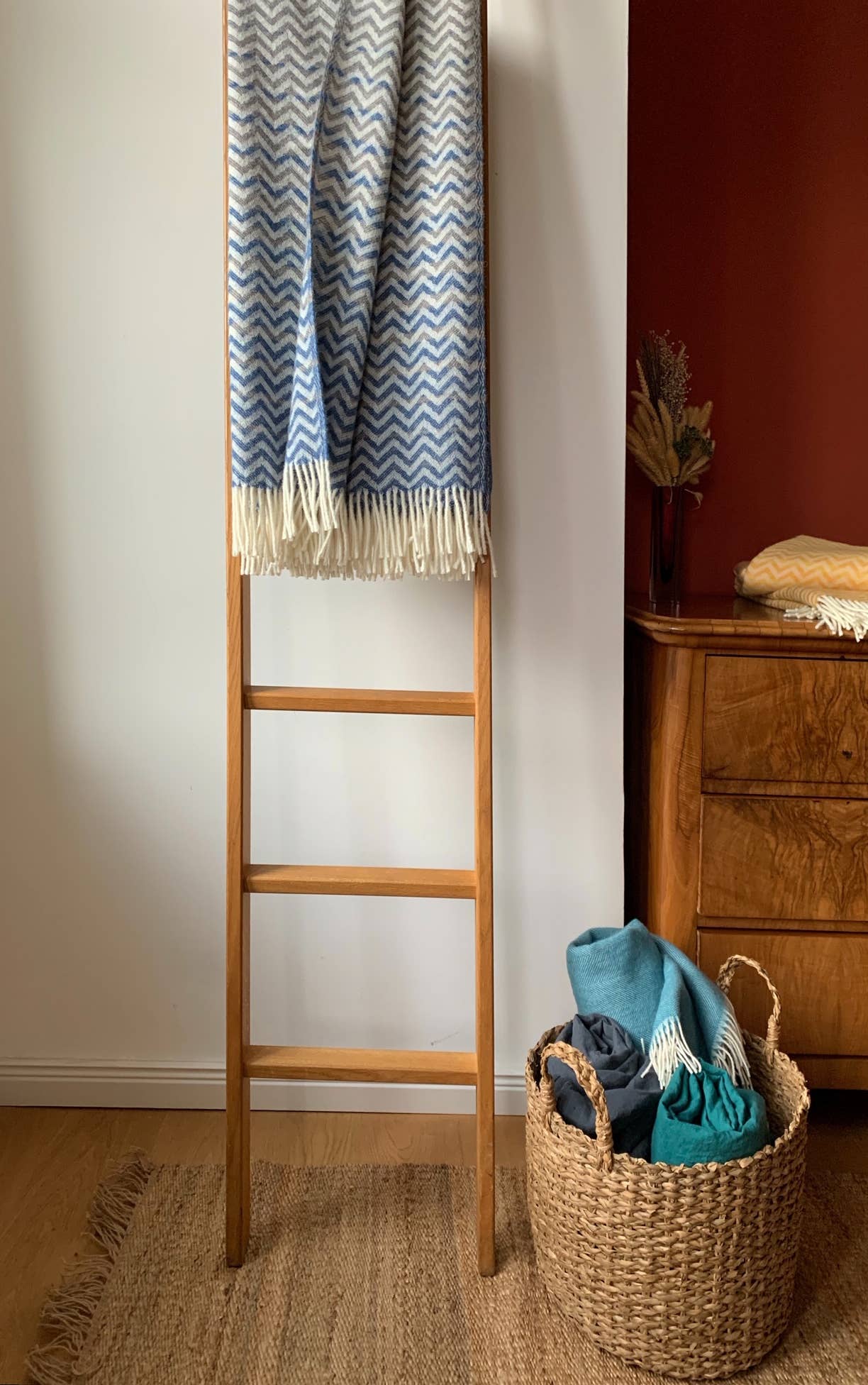 WoolOnly - Vente Plaids - Plaid Jacquard Zig-Zag Vague 100% Laine Mérinos Fine (bleu/gris, 130x170 cm)6