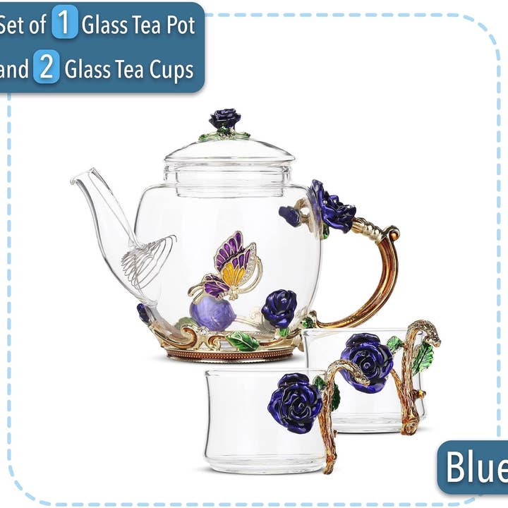 Brew To A Tea - Wholesale Tea Set - BTaT Floral Glass Tea Set with 2 Fancy Cups & Teapot1