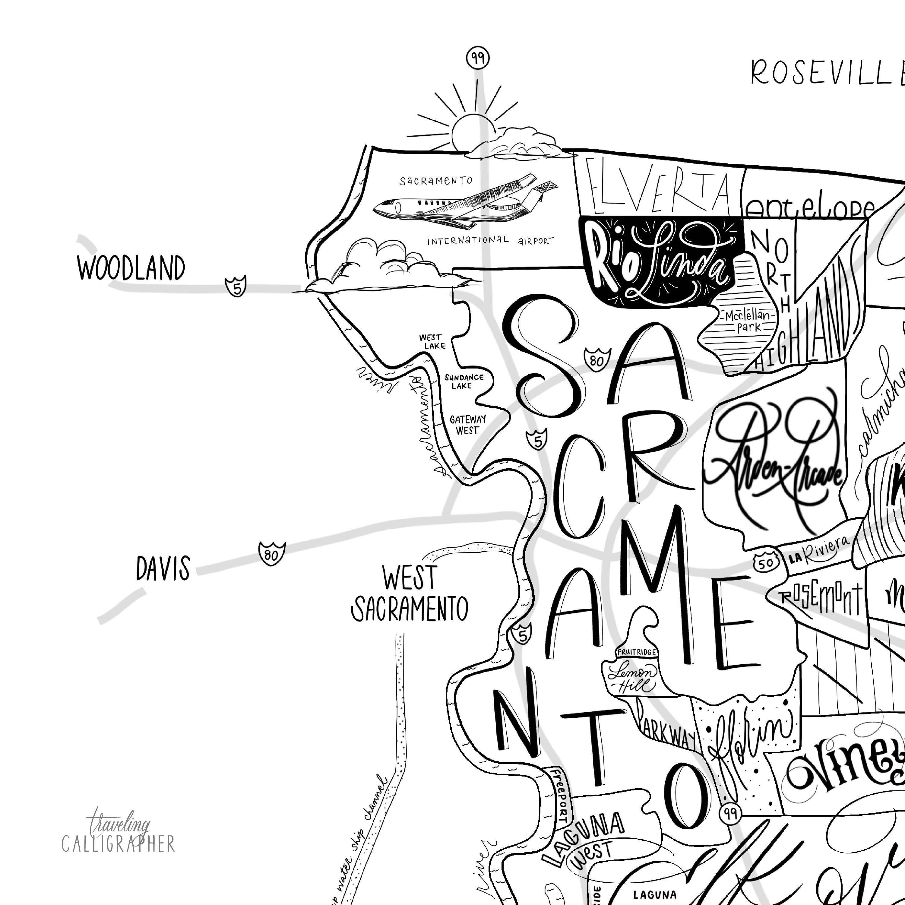 Traveling Calligrapher - Wholesale Art Print - Sacramento County, CA Neighborhood Map Print (3 sizes)4