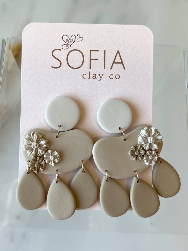 Neutral Flower Dangles, Clay Earrings, Polymer Clay, Everyday Wear for wholesale by Sofia Clay Co.