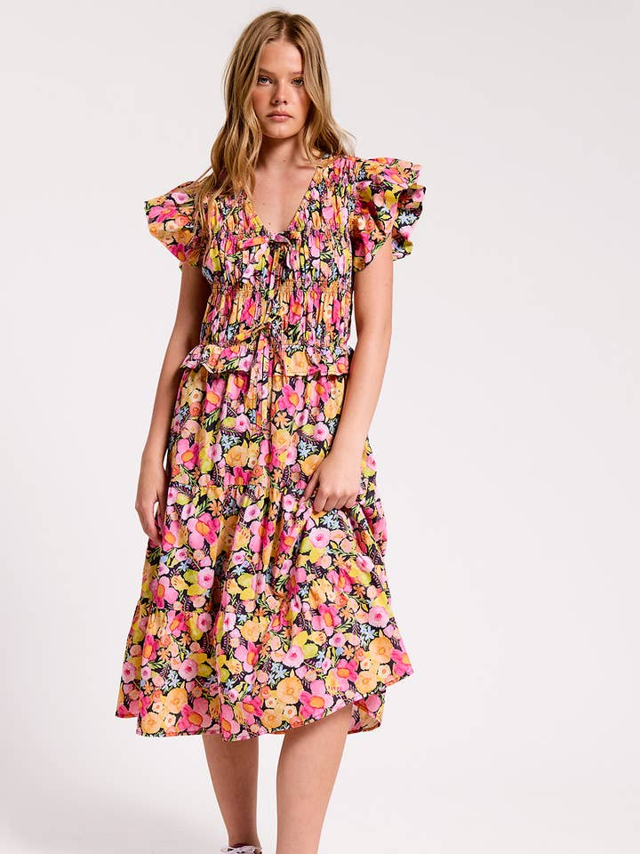 Blomstret midi-kjole med frontlynlås for engroshandel hos Ultramarine