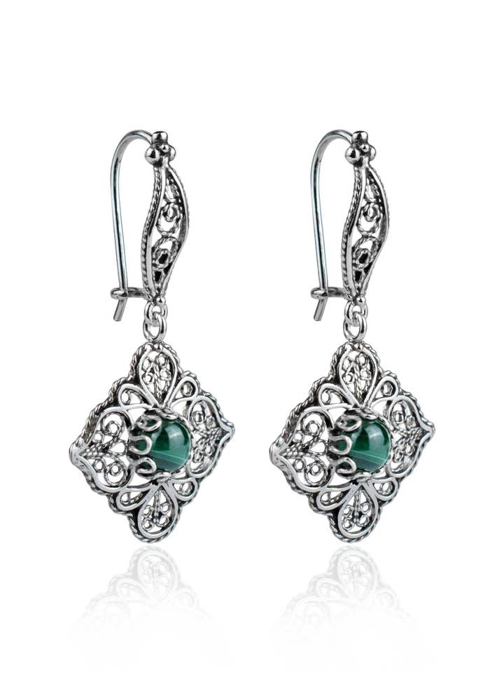 Konst Malakit Ädelsten Kvinnor Silver Dinglande Örhängen för wholesale av Filigranist Jewelry