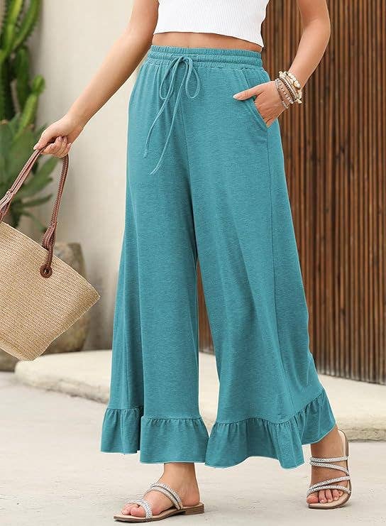 Rosa Clothing - Wholesale Pants - Women's - Laced Ruffled Hem Wide Leg Pants4