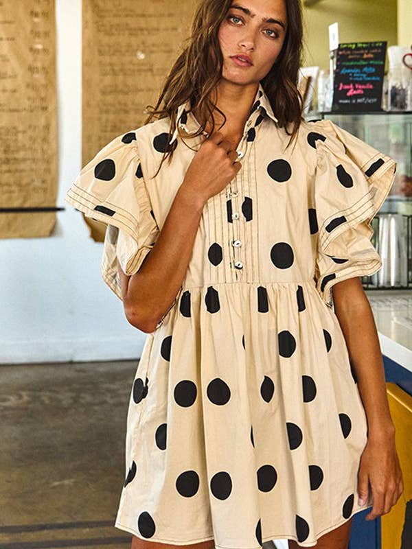 BUCKETLIST - Wholesale Dress - Women's - ID4283 Ruffle Sleeve Pintuck Detail Polka Dot Mini Dress
