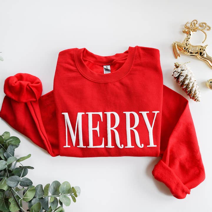 Embossed Red Merry Christmas Crewneck for wholesale on Faire2