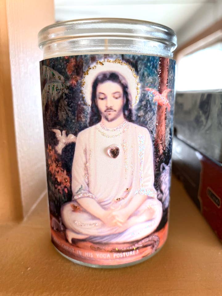 Jesus in Lotus Hand-Embellished Small Candle for wholesale by Tatiana