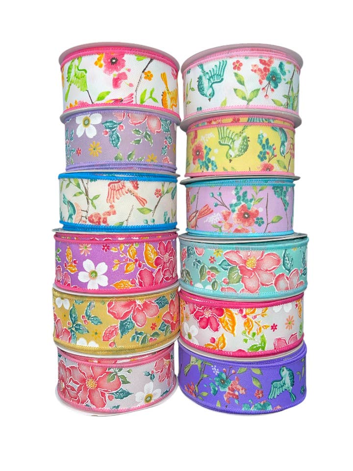 Bird & Floral Printed 1.5" Wired Ribbon -- 12 Pack for wholesale by Thompson Wholesale