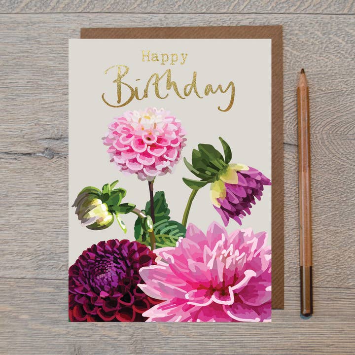 DAL 05 - Happy Birthday Pink Dahlia Greeting Card for wholesale by Sarah Kelleher