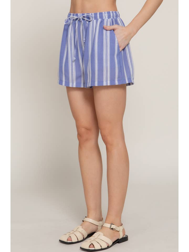 Active Basic | Active USA - Wholesale Shorts - Women's - Elastic Waist Band Detail Stripe Printed Linen Effect Shorts