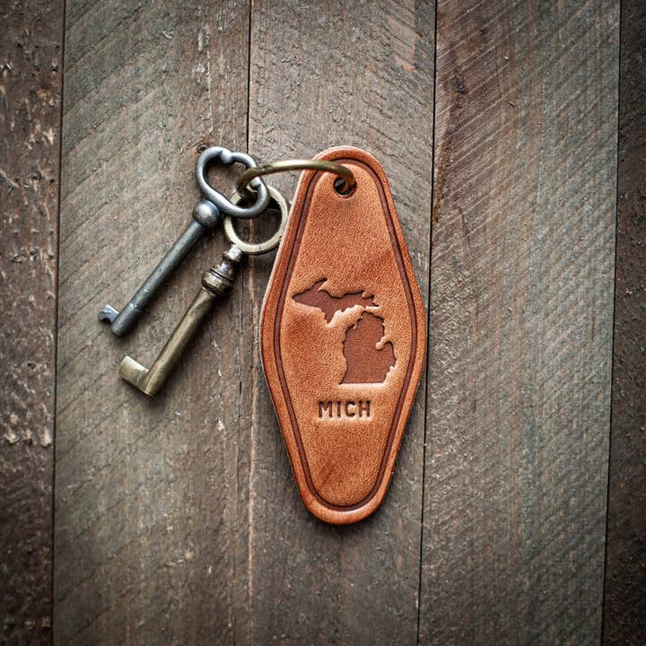 Michigan Silhouette Leather Keychain Motel Style for wholesale by Sugarhouse Leather