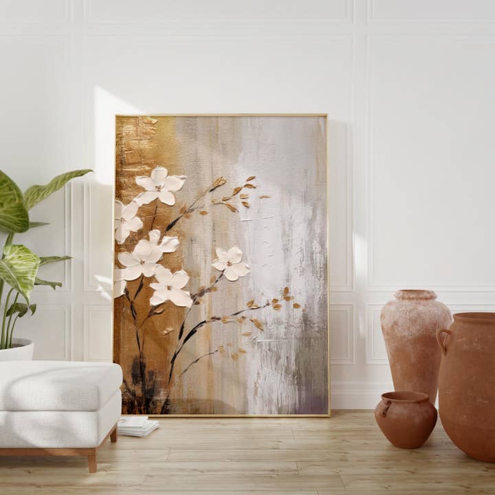 Japandi Floral Art Print in Beige & Gold Tones for wholesale by Eclectic Dreams Studio