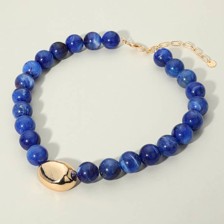 Sensibling Corp. - Wholesale Beaded/Pearl Necklace - Polished Metal Bean Accent Bold Marbled Ball Beaded Statement Necklace9