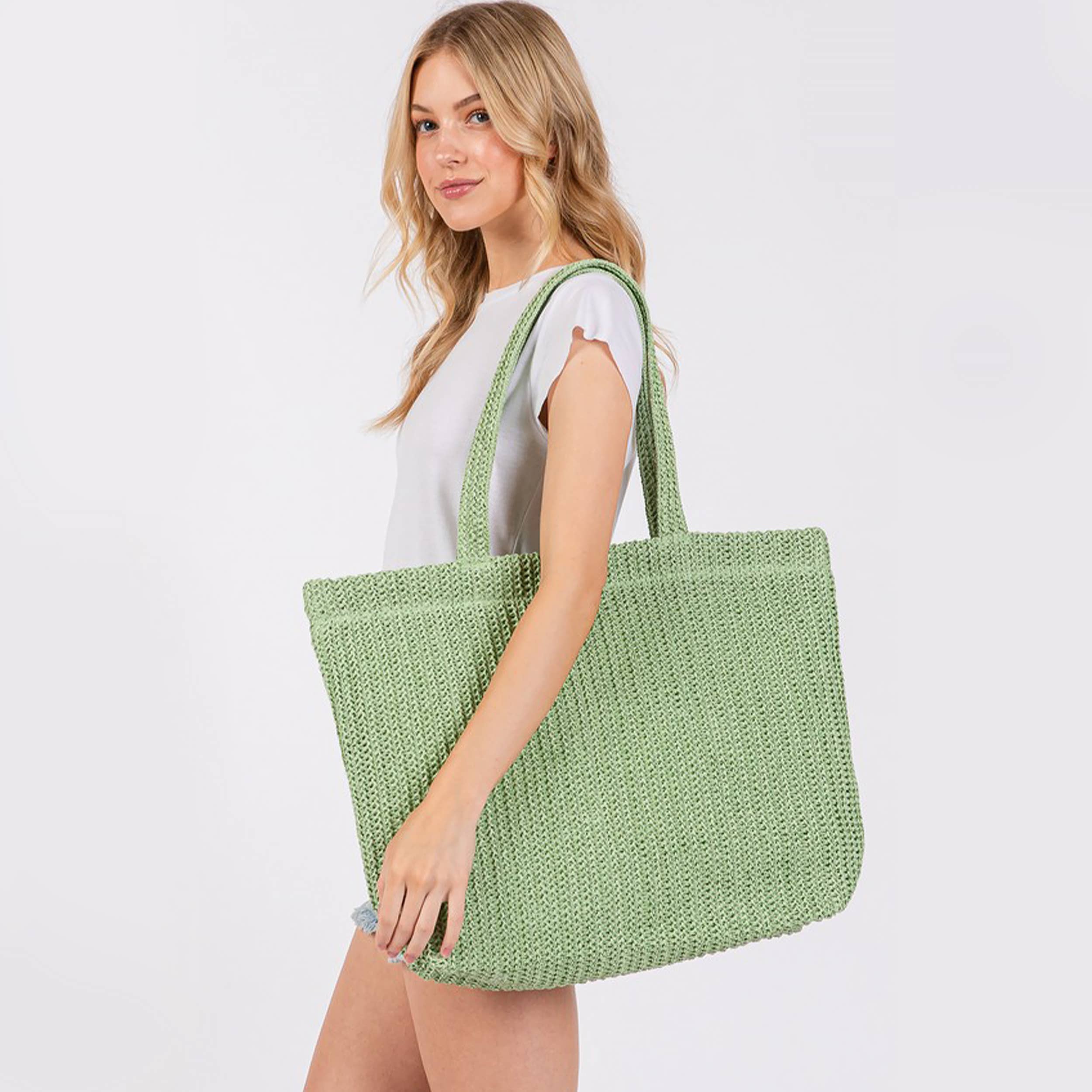 Hana - Wholesale Tote Bag - Women's - Solid Color Crochet Summer Straw Tote Bag12