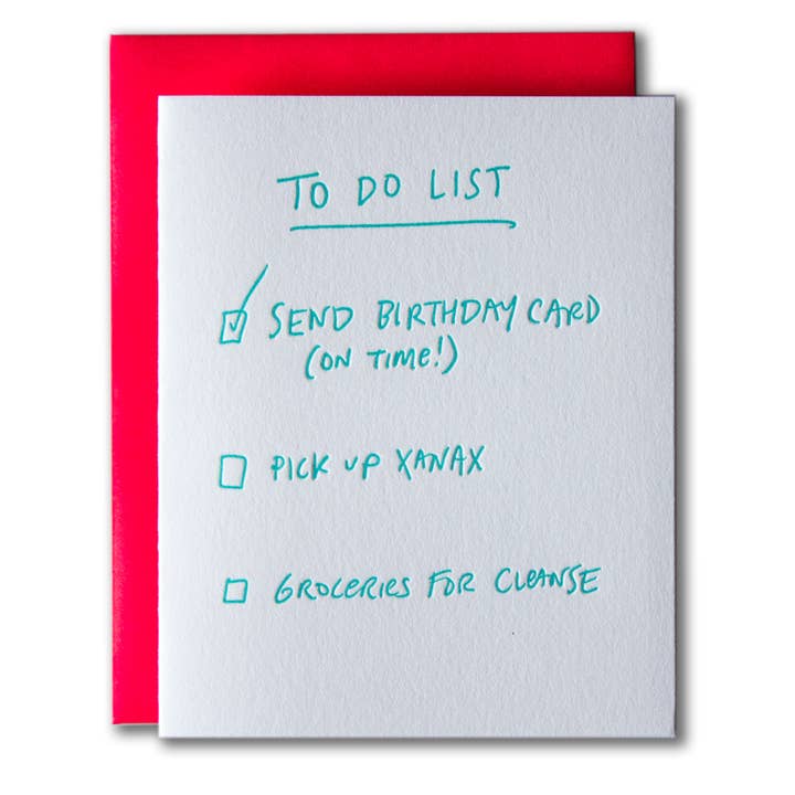 Ladyfingers Letterpress - Wholesale Birthday Card - To Do Bday Checklist Card