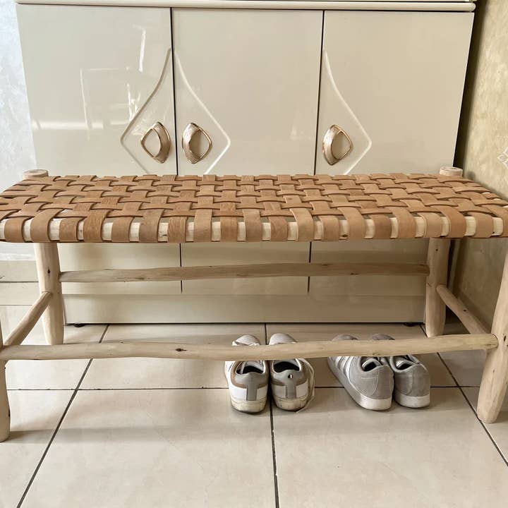 Melecraft - Wholesale Bench - Wicker Wood Leather bench, Handmade Bench, Wood Work Bench3