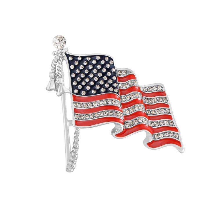 AK Brand - Wholesale Brooch - America USA Patriotic Crystal Rhinestone Waving Flag Brooch