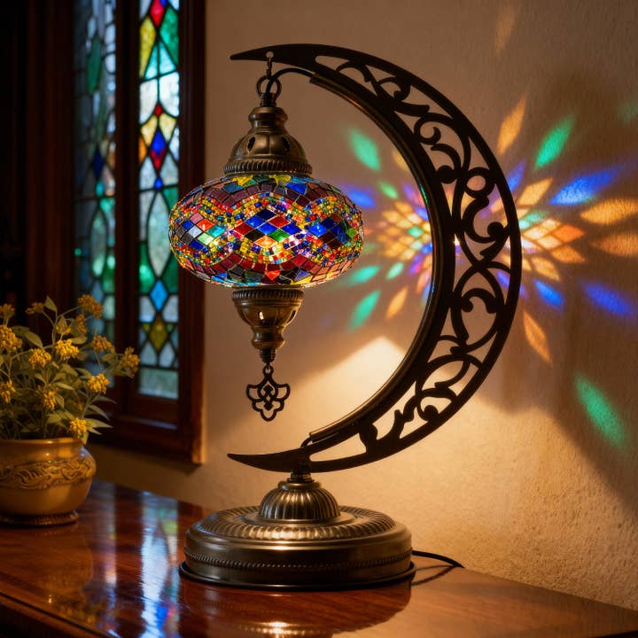 Turkish Mosaic Crescent Table Lamp (Rainbow) for wholesale by Mozaist LLC