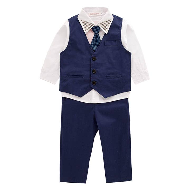 Fennco Styles – wholesale Kostymset – Barn – Marinvit dubbad 4st pojkdräkt för formell kostym
