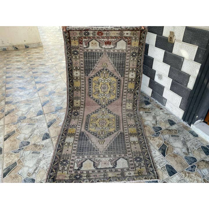 Geometric Turkish Vintage Handwoven Anatolian Wool Rug 3x6ft for wholesale by Oushak Rugs
