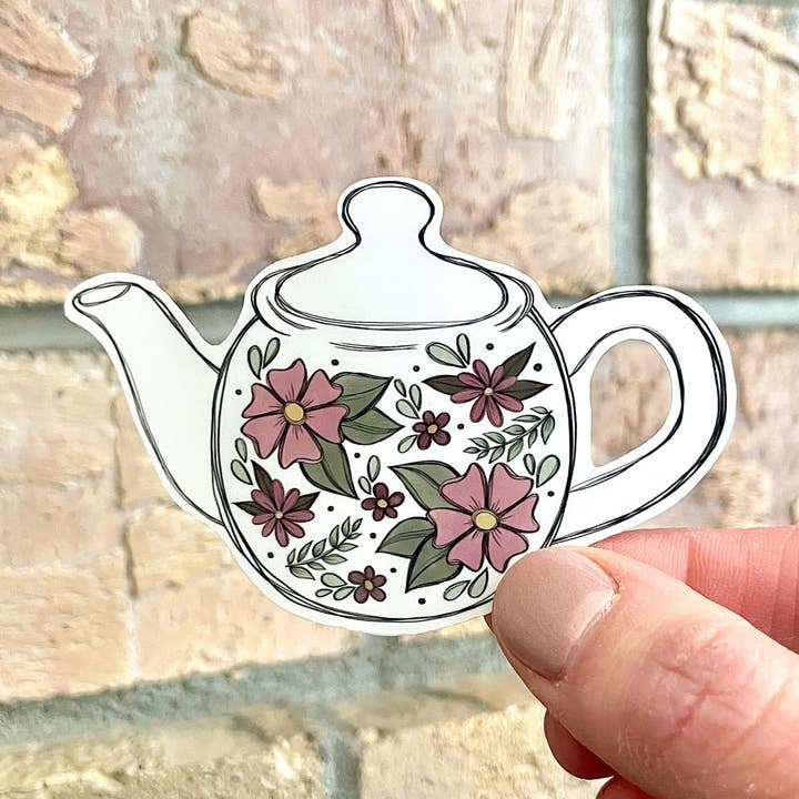 Floral Teapot Waterproof Sticker for Water Bottle/Laptop for wholesale by Living Vertical Shop