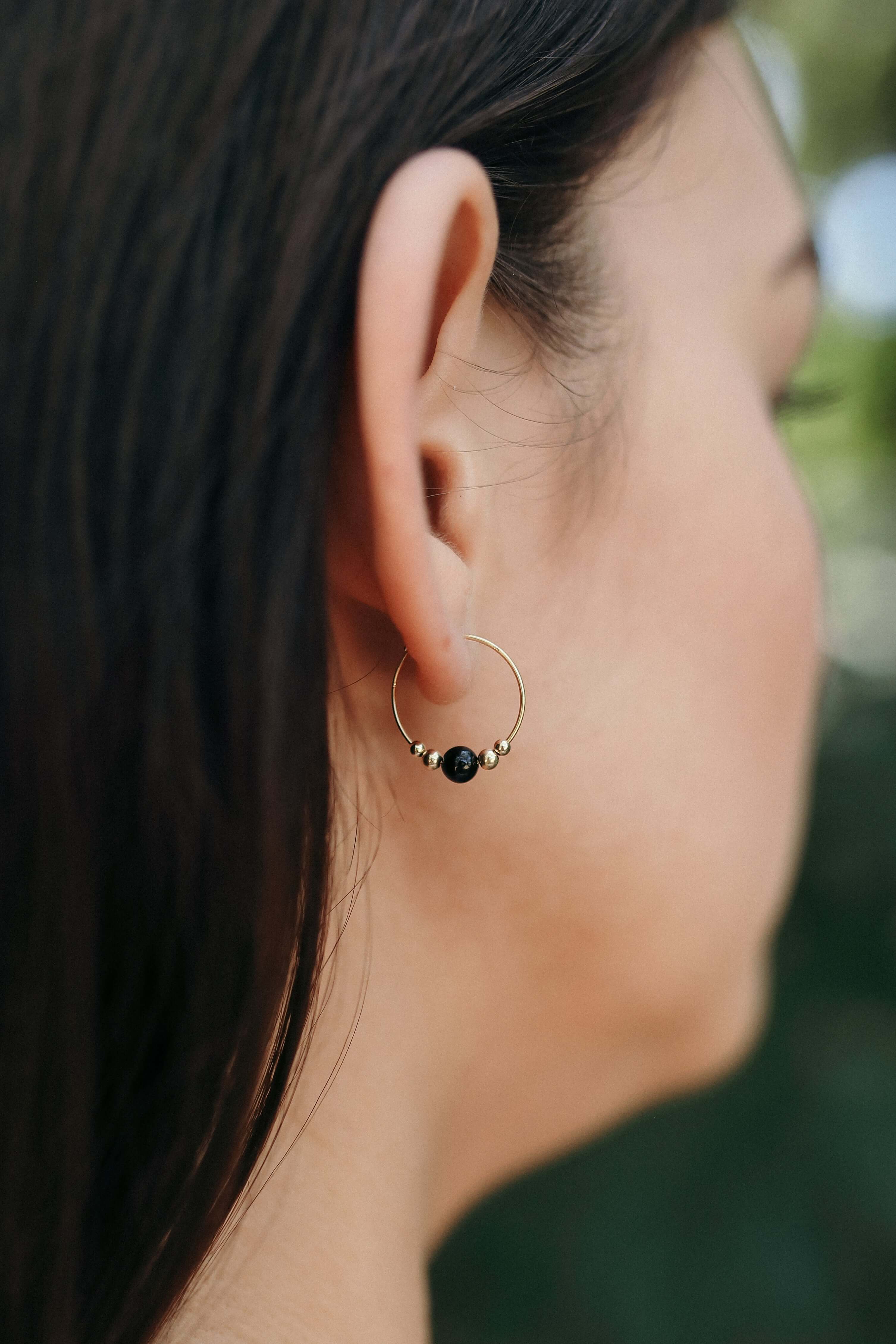 Luna Tide - Wholesale Hoop Earrings - Tiny Black Tourmaline Bead Hoop Earrings6