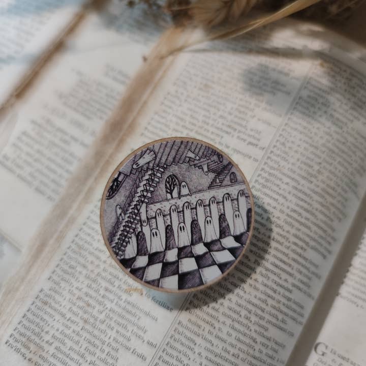 Jon Turner Illustration - Vente Épinglettes/boutons - Badge en bois Escher Ghosties4