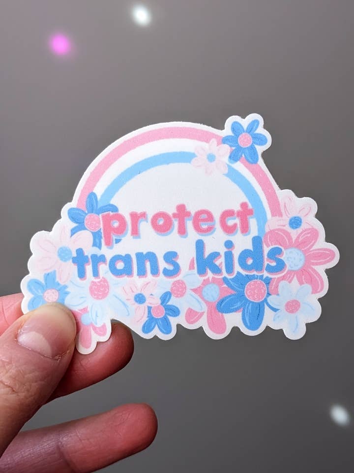 Protect Trans Kids Rainbow Floral Sticker for wholesale by Laura Jane Kirton
