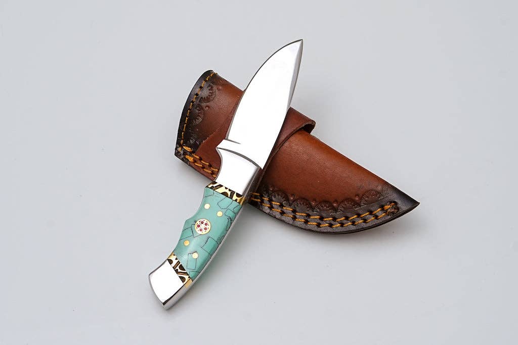 Titan International - Wholesale Pocket Knife/Holder - Custom Stainless Steel Knife with Turquoise Mosaic Handle & Leather Sheath0
