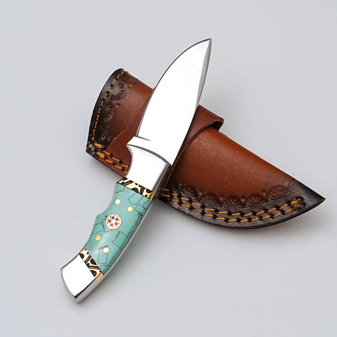 Custom Stainless Steel Knife with Turquoise Mosaic Handle & Leather Sheath for wholesale by Titan International