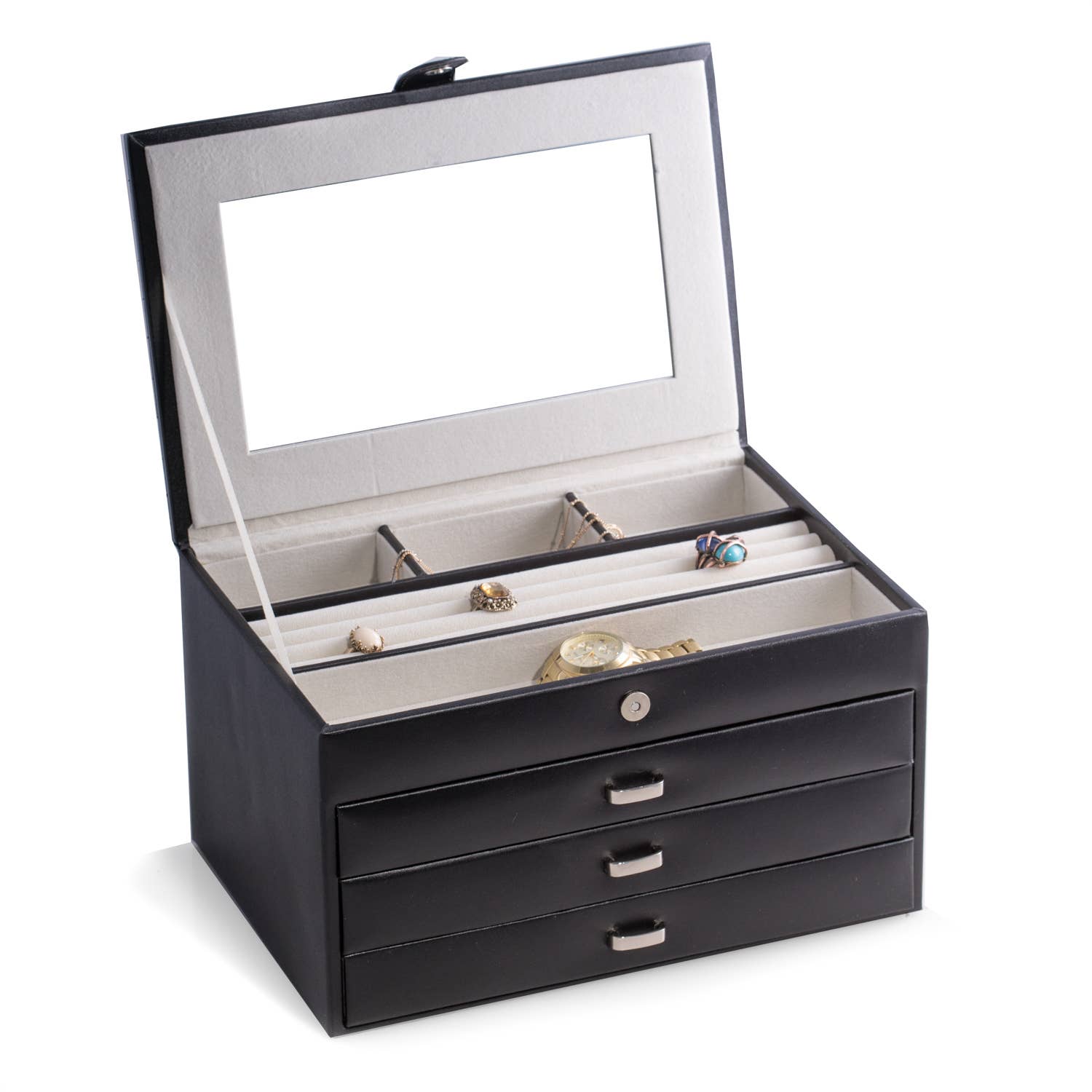 BeyBerk International - Wholesale Jewelry Box/Organizer - 4 Level Black Leather Jewelry Box1
