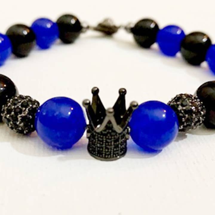 Everything That Glitters - Wholesale Beaded Bracelet - Black Onyx and Blue Jade Crown Bracelet