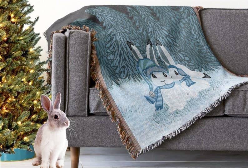 Blue Arctic Hares Woven Afghan Blanket Tapestry Throw for wholesale on Faire