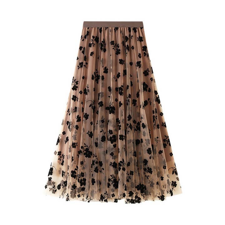 ACCITY - Wholesale Skirt - Women's - Flocked Tulle Pleated Slim Fit Midi Skirt_CWBMS03824