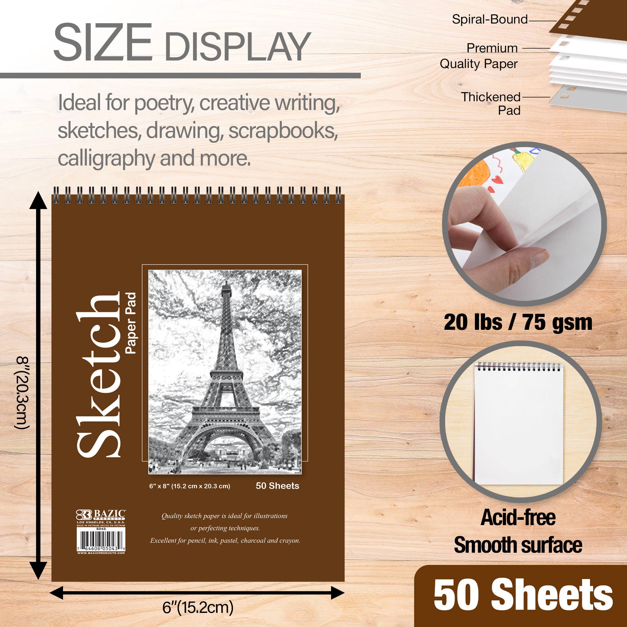 BAZIC Products - Wholesale Sketchbook/Sketchpad - Sketch Pad Top Bound Spiral 6"X 8"(50 Ct.)1